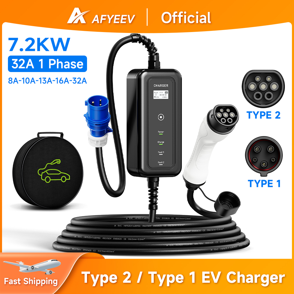Portable Ev Charger 32A Type 2 Cee Plug - Afyeev ที่ชาร์จแบบพกพา EV, Type2สาย32A 7.2KW ปลั๊ก